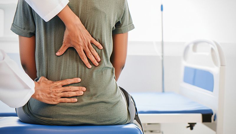 A spine specialist assessing a patient's spine in a clinical setting